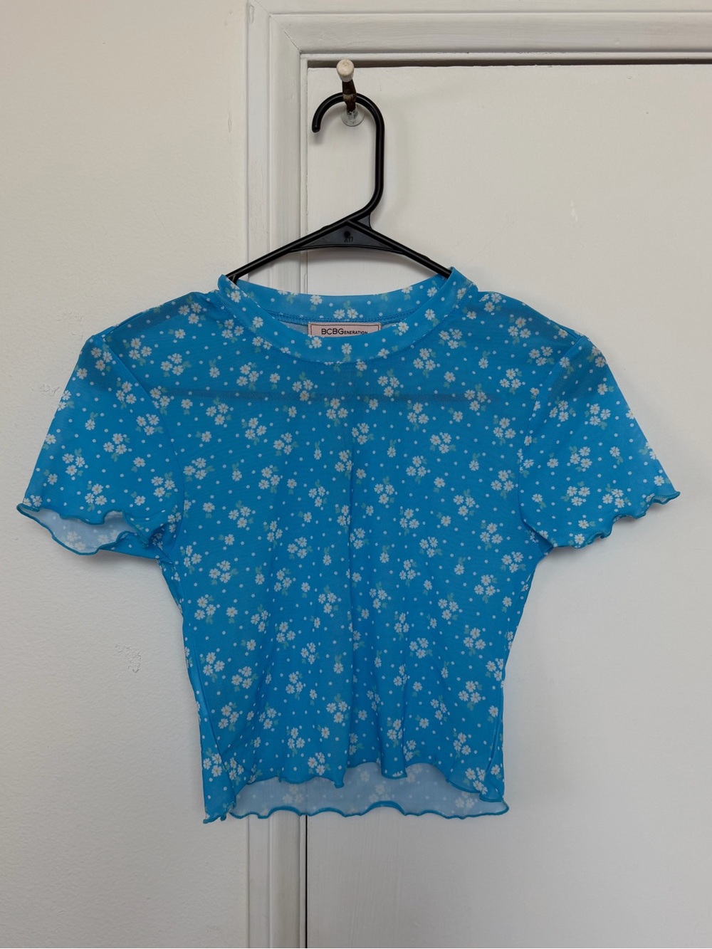 BCBGeneration Turquoise Blue Floral Mesh Crop Top